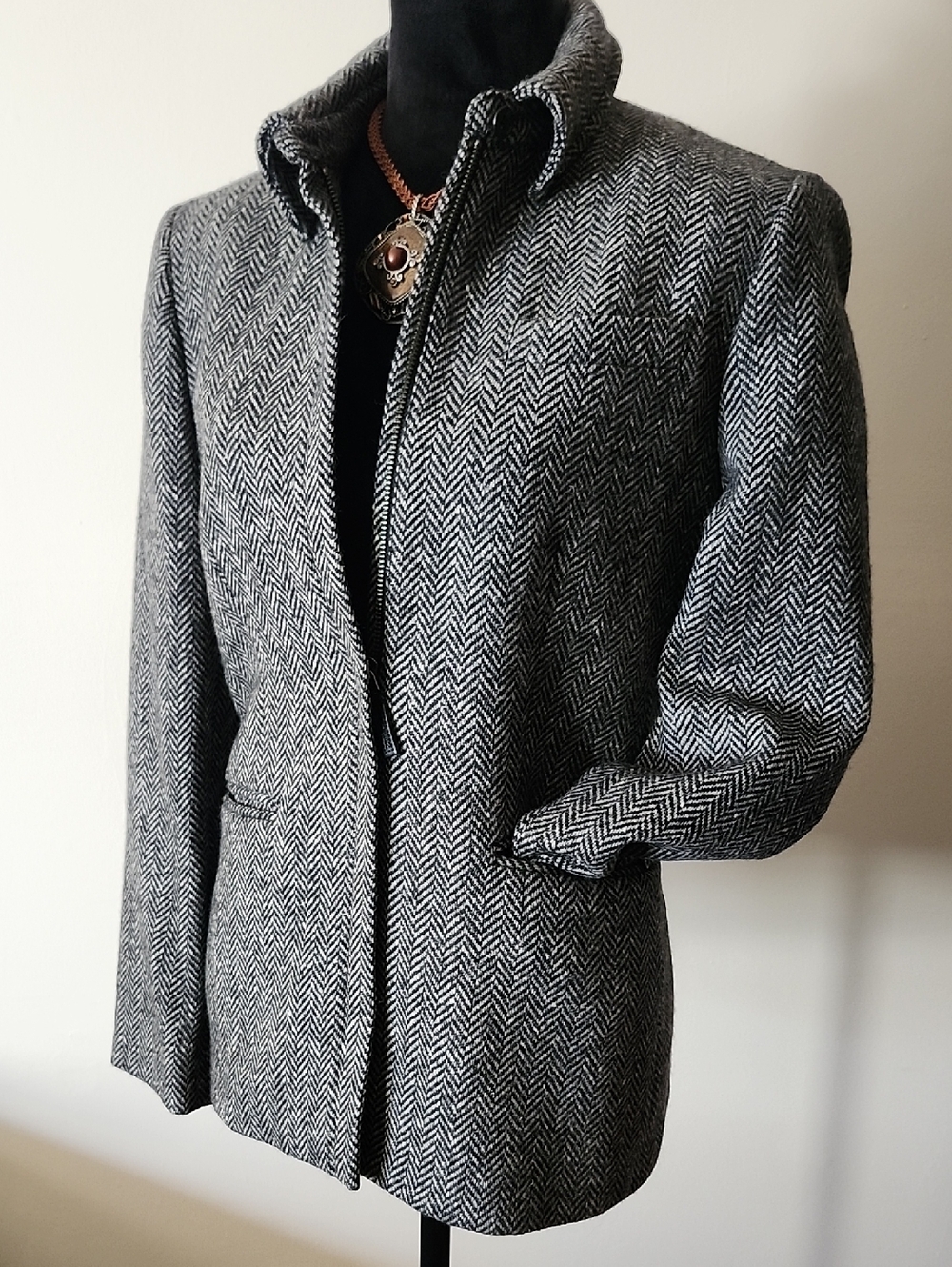 Lauren Ralph Lauren Wool Herringbone Blazer Jacket Gray Zip Front Petite 8P